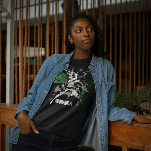Woman wearing Attack on Titan shirt featuring Levi