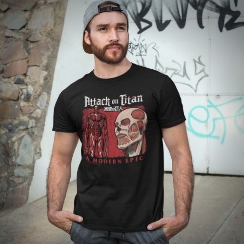 Person wearing Attack on Titan t-shirt
